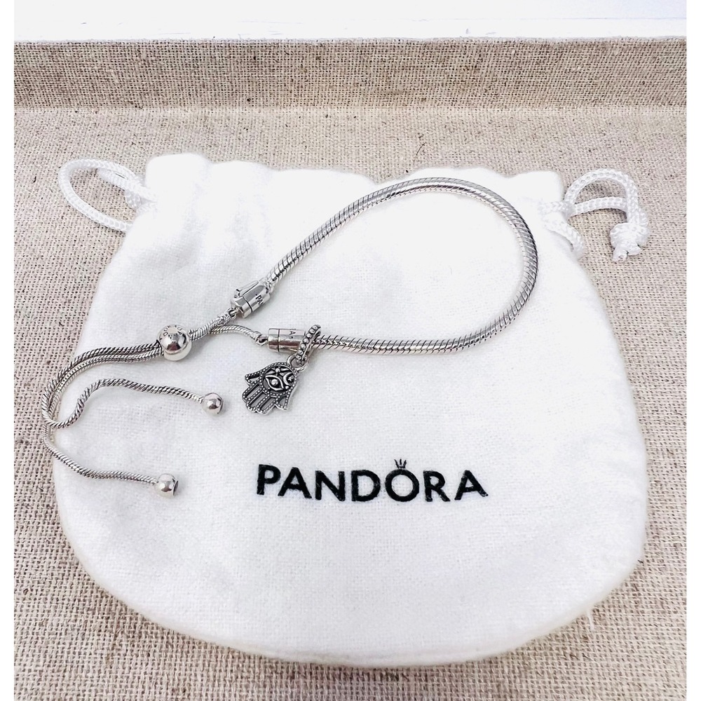Pandora Moments Sliding Bracelet Sterling Silver Hamsa Hand Charm Adjustable